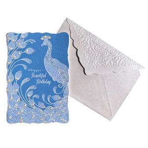 Sienna’s Garden Lace Embossed Peacock Birthday Card w/Embossed Pearlescent Env